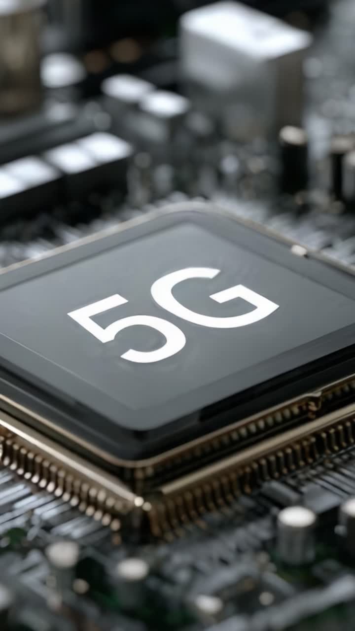 Primo piano di un microprocessore 5G che mostra la tecnologia avanzata su un circuito stampato con vari componenti per una connettività e una velocità migliorate