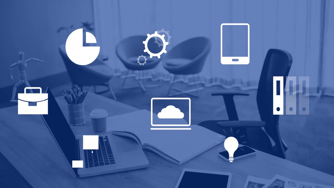 Animation of financial data processing over computer on desk in office
