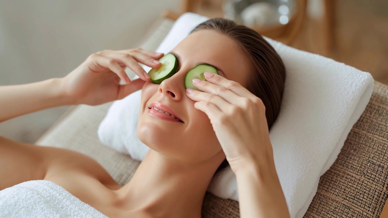 Holding cucumber slices near eyes, woman placing them on eyes at spa, with white towel, relaxing