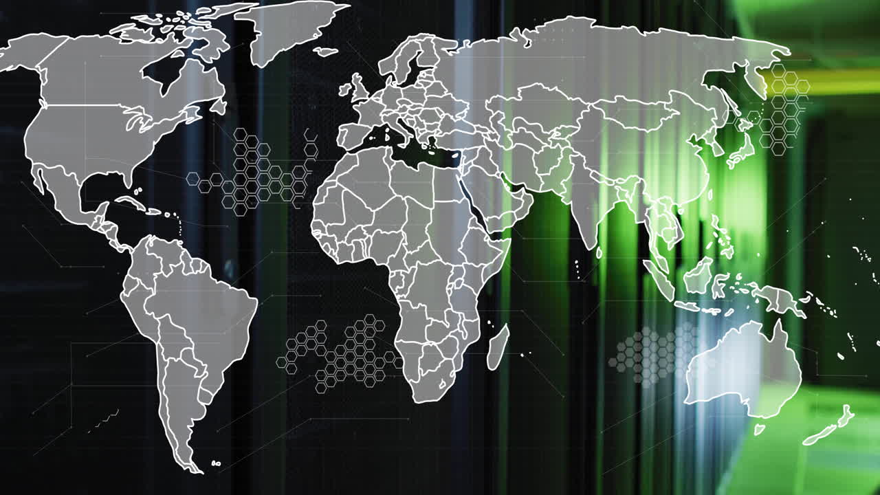 animación de mapas del mundo y procesamiento de datos digitales a través de servidores informáticos
