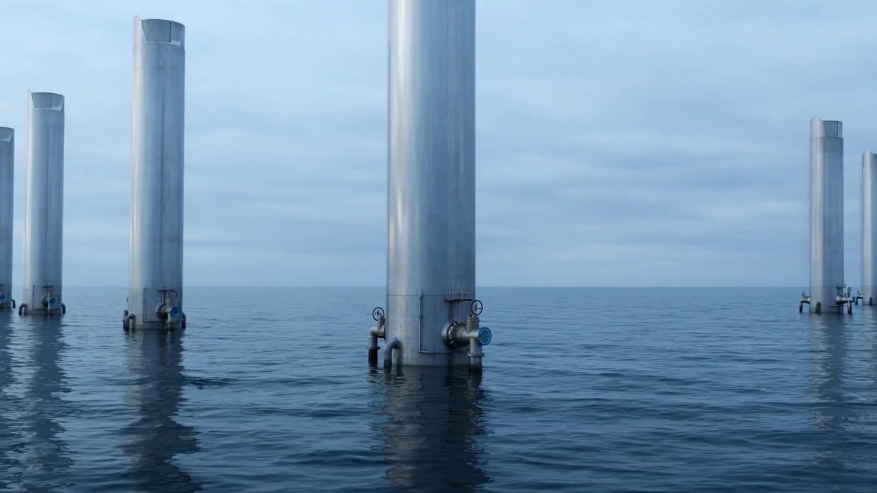 Row of Industrial Metal Pillars Standing in Calm Ocean Water
