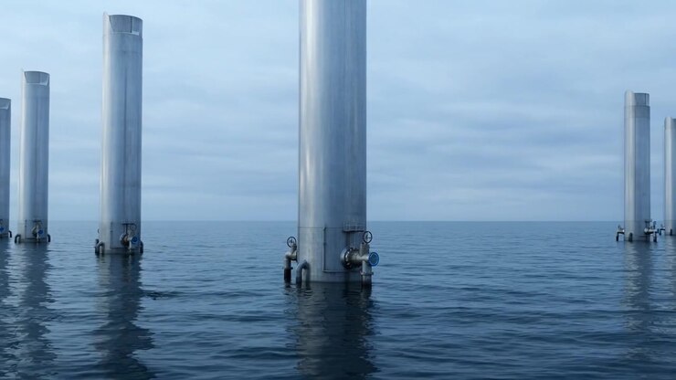 Row of Industrial Metal Pillars Standing in Calm Ocean Water