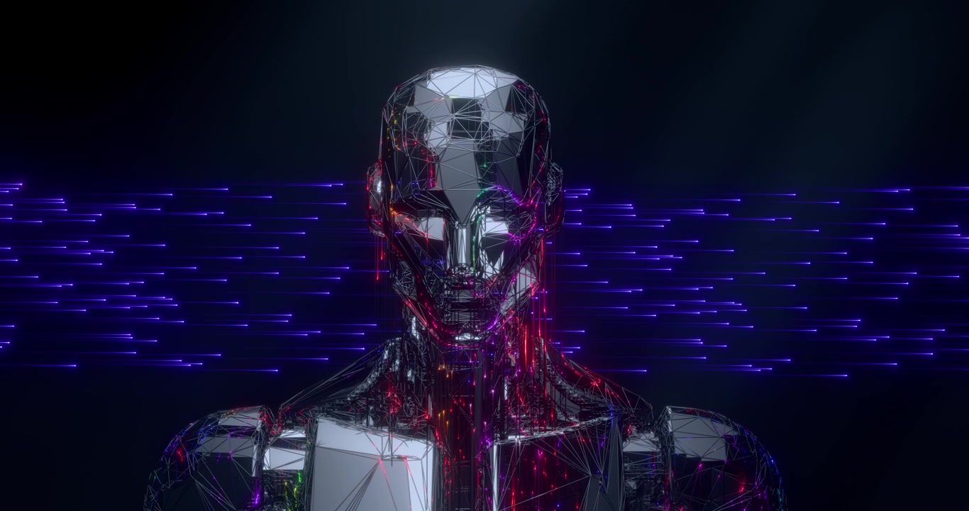 Futuristic metallic cyborg with glowing energy streams in digital space