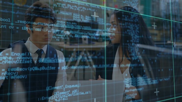 Animation of data processing over diverse businessman and businesswoman discussing at office
