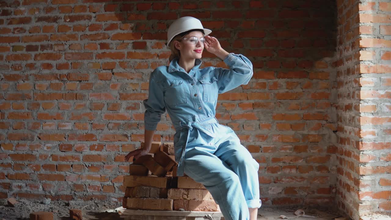 Female architect or bricklayer sitting on a pile of bricks on a construction site. The process of building housing for the family. Building materials