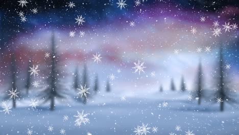 Digitale-Animation-Von-Schneeflocken,-Die-Gegen-Eine-Winterlandschaft-Mit-Bäumen-Fallen