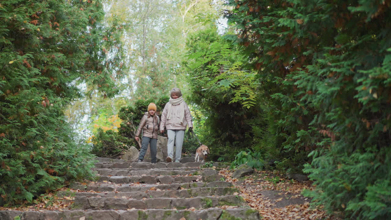mother holds daughter hand while leading dog down stone staircase winding through lush green garden framed by autumn leaves wearing cozy jackets joyful family moment in serene outdoor pathway