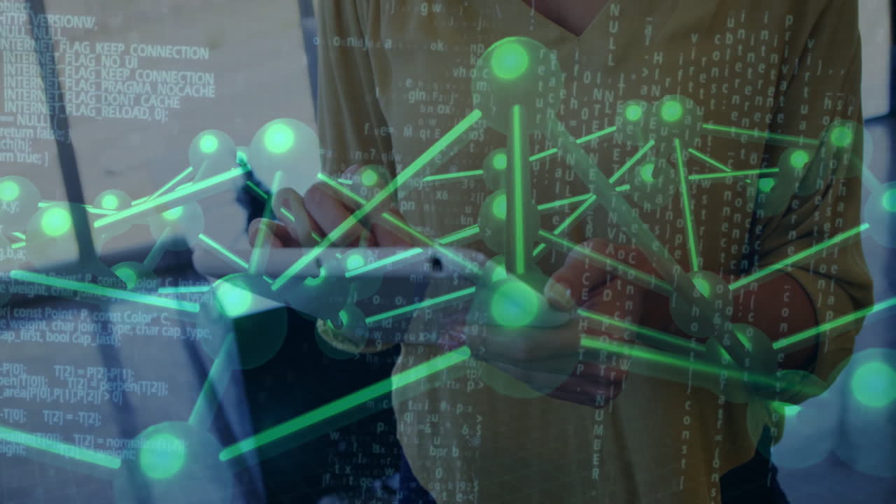 Female developer typing on laptop, visualizing tech data flow with code streams and green network