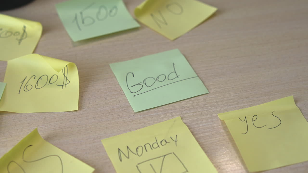 Green Good Sticky Note Picked By White Hand During Review, Editor Evaluating Notes And Priorities On Cluttered. Media