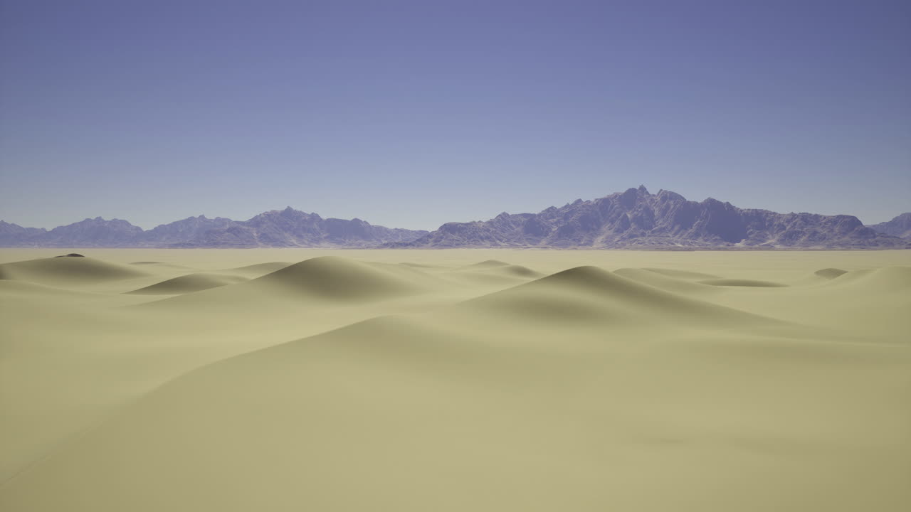 Desert landscape with rolling sand dunes and distant mountain range