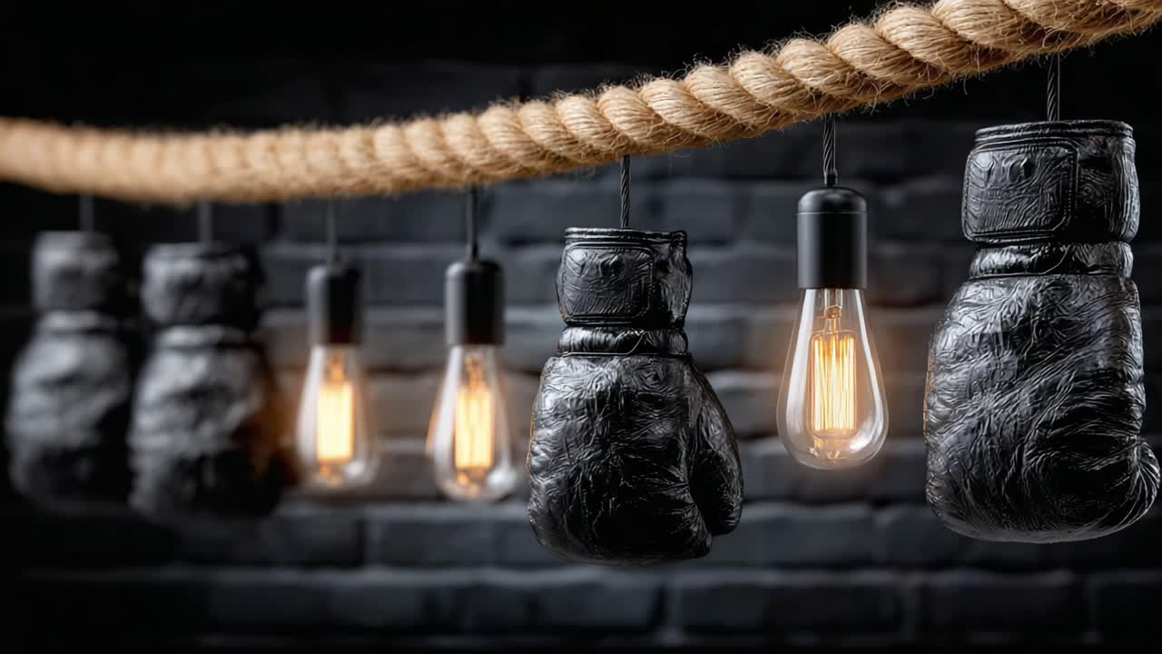 A Unique Blend of Sport and Style: Boxing Gloves and Hanging Light Bulbs Create an Eye-Catching Visual Contrast Against a Dark Background