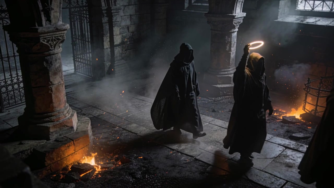 Walking three hooded figures holding glowing halo ring aloft through ruined hall, embers drifting