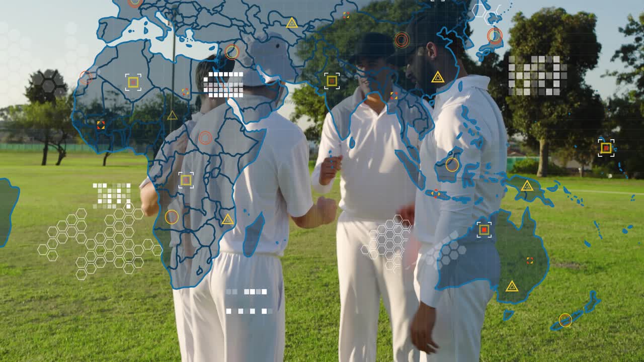 Four men forming sports huddle, initiating map overlay over faces, opening out preparing for match