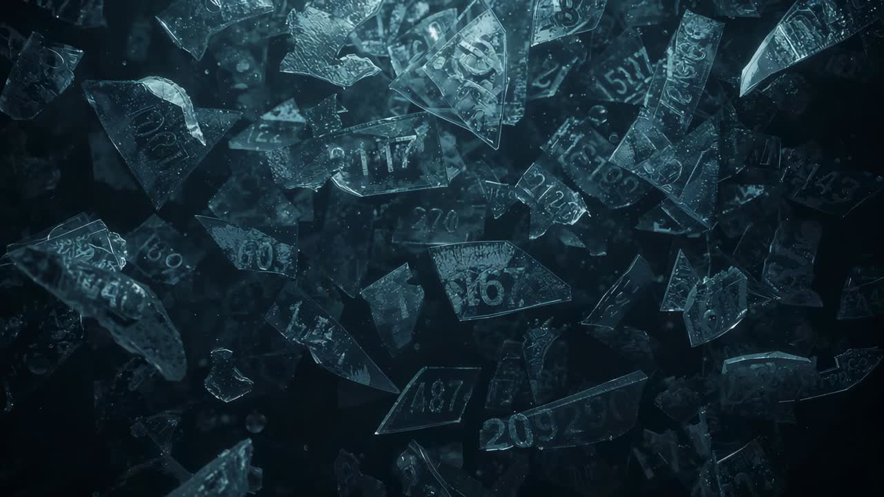 Drifting numbered glass shards starting tumbling in cool blue void, showing numbers and dust motes