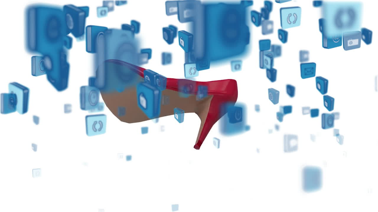 un zapato rojo rodeado de iconos flotantes de las redes sociales en animación