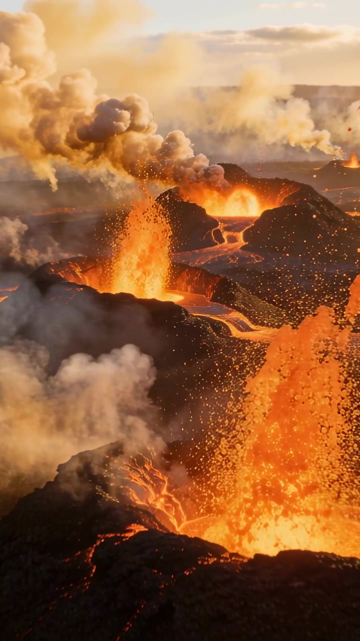 Video verticale: Magma in aumento che spinge le bocche vulcaniche a eruttare, generando fontane di lava su un campo di fessure.