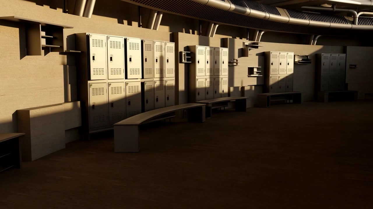 Wide interior view of empty industrial locker room with long rows of two-tier metal lockers, curved benches, textured concrete walls, exposed ductwork overhead and built-in shelving