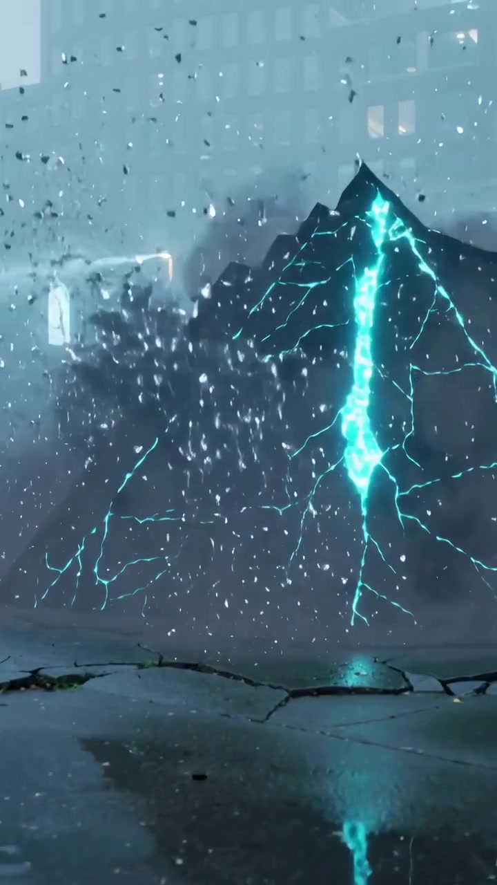 Vertical video: Opening cyan crack sparking dark pyramid throwing sparks in wet plaza, puddles