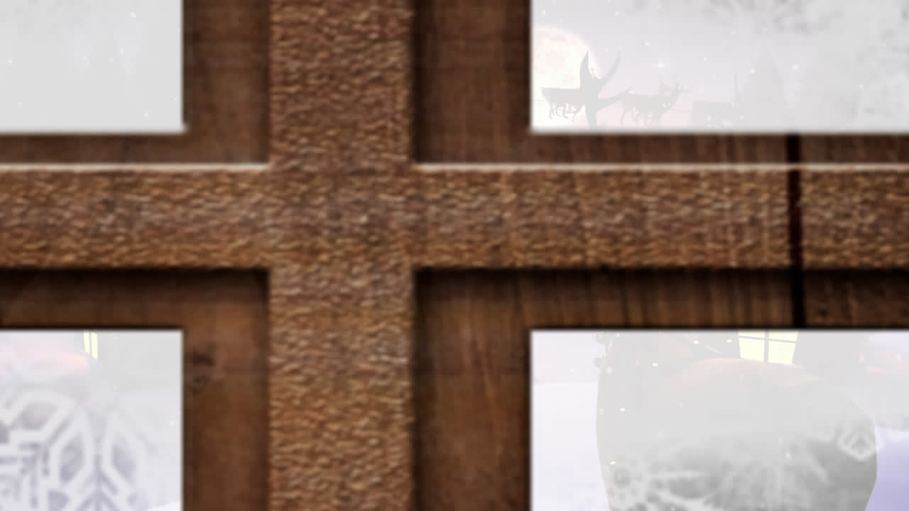animación de paisajes de invierno con decoración navideña vista a través de la ventana