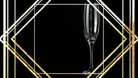 Animation-of-gold-pattern-over-glass-of-champagne-on-black-background