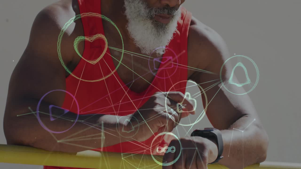 animação de rede de conexões sobre homem afro-americano sênior usando smartwatch na praia