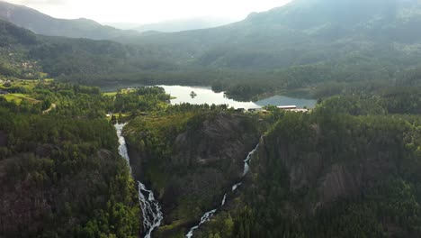 latefossen is one of the most visited waterfalls in norway and is located near skare and odda in the region hordaland, norway. consists of two separate streams flowing down from the lake lotevatnet.