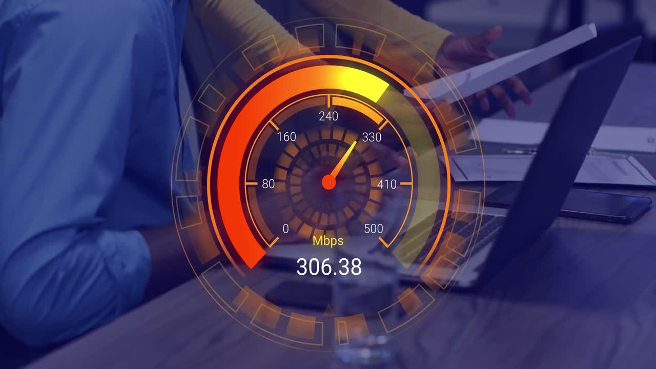 Animation of speedometer data processing over diverse business people in office
