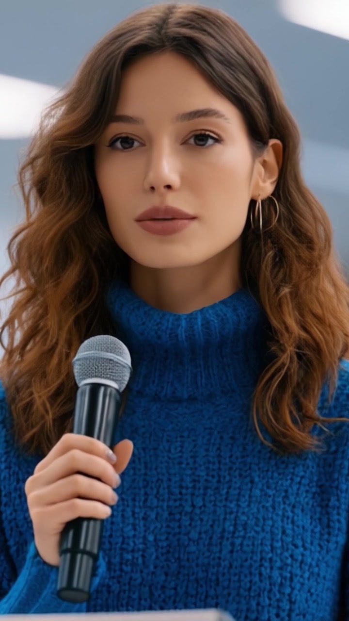 Una giovane donna si rivolge a un pubblico con sicurezza, tenendo un microfono e indossando un elegante maglione blu in un ambiente moderno con illuminazione soffusa.