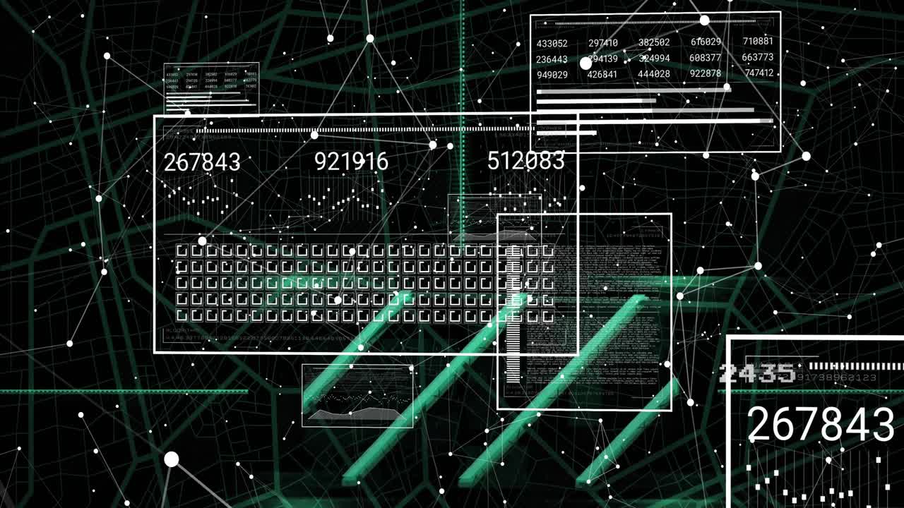 Animation of digital data processing and connections over black background