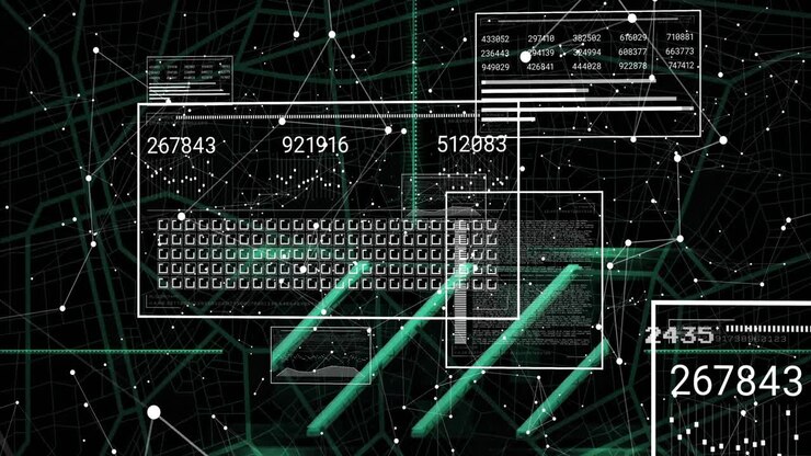 Animation of digital data processing and connections over black background