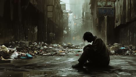 destitute person in a devastated city alley