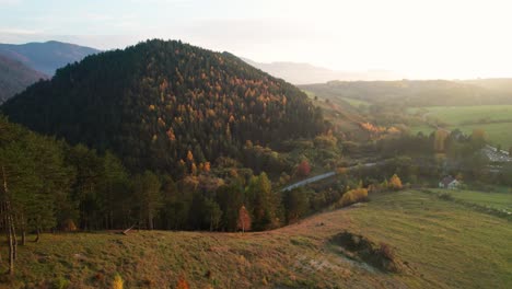 autumn landscape peaceful valley, evening drone