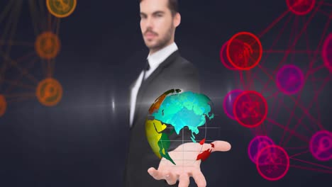 Animation-of-network-of-connections-with-icons-over-businessman-holding-globe