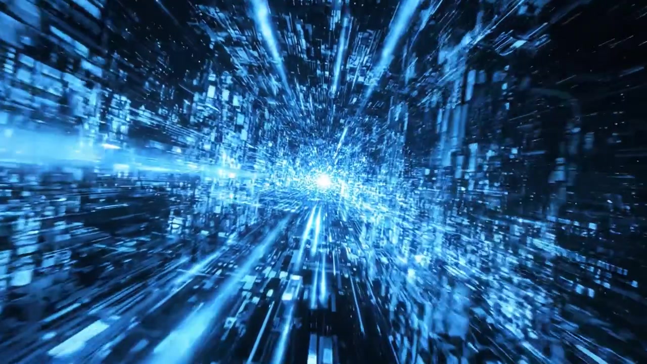 En betagende visuel rejse gennem et højhastigheds digitalt landskab, der viser den fascinerende strøm af lys og data i et blændende blåt miljø