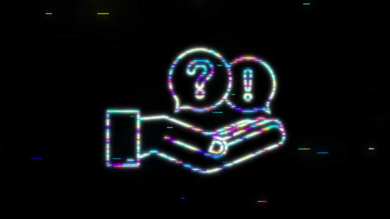 glitch pregunta y respuesta burbuja de chat colgando sobre las manos. gráfico de movimiento