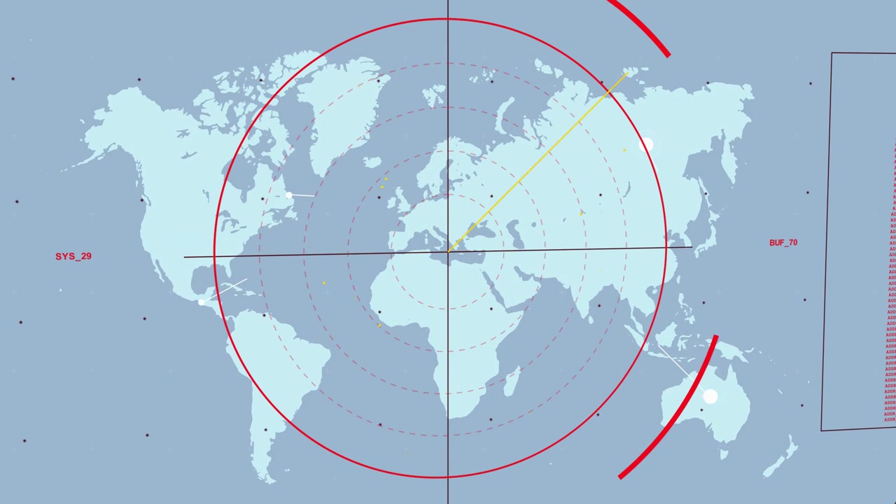 MapHUD centering red overlay at N Africa, sending yellow ray, linking world nodes, tracking nodes