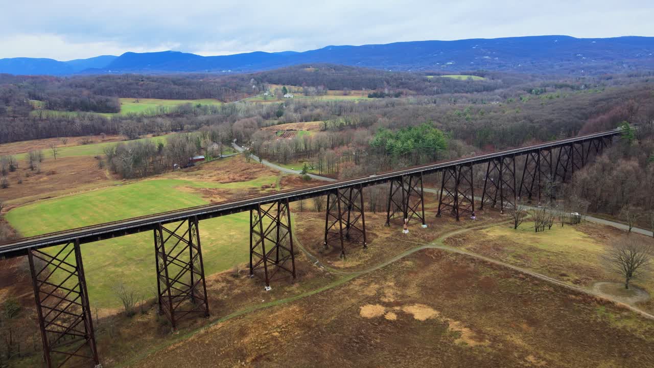 imágenes de video de drones aéreos de un viaducto de puente de tren que corre sobre un valle en las montañas appalachain a principios de la primavera en un día de nubes, rodeado de montañas y tierras de cultivo