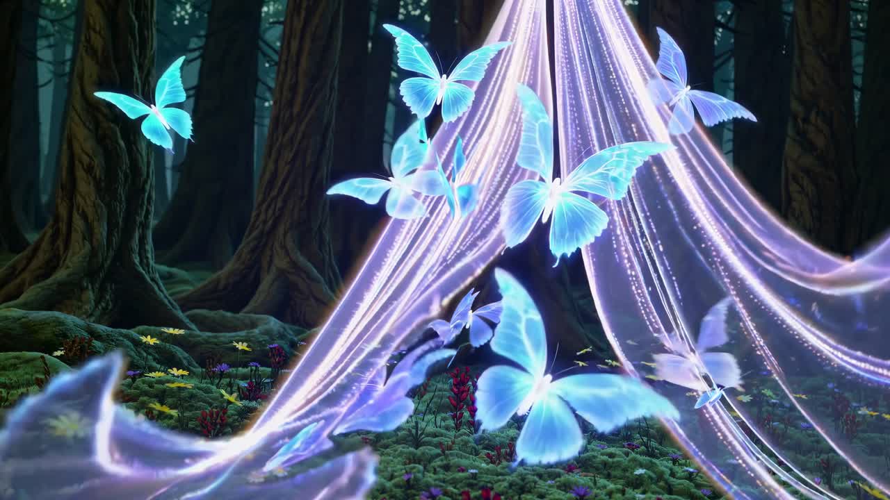 Magical forest scene with glowing butterflies around ethereal lights