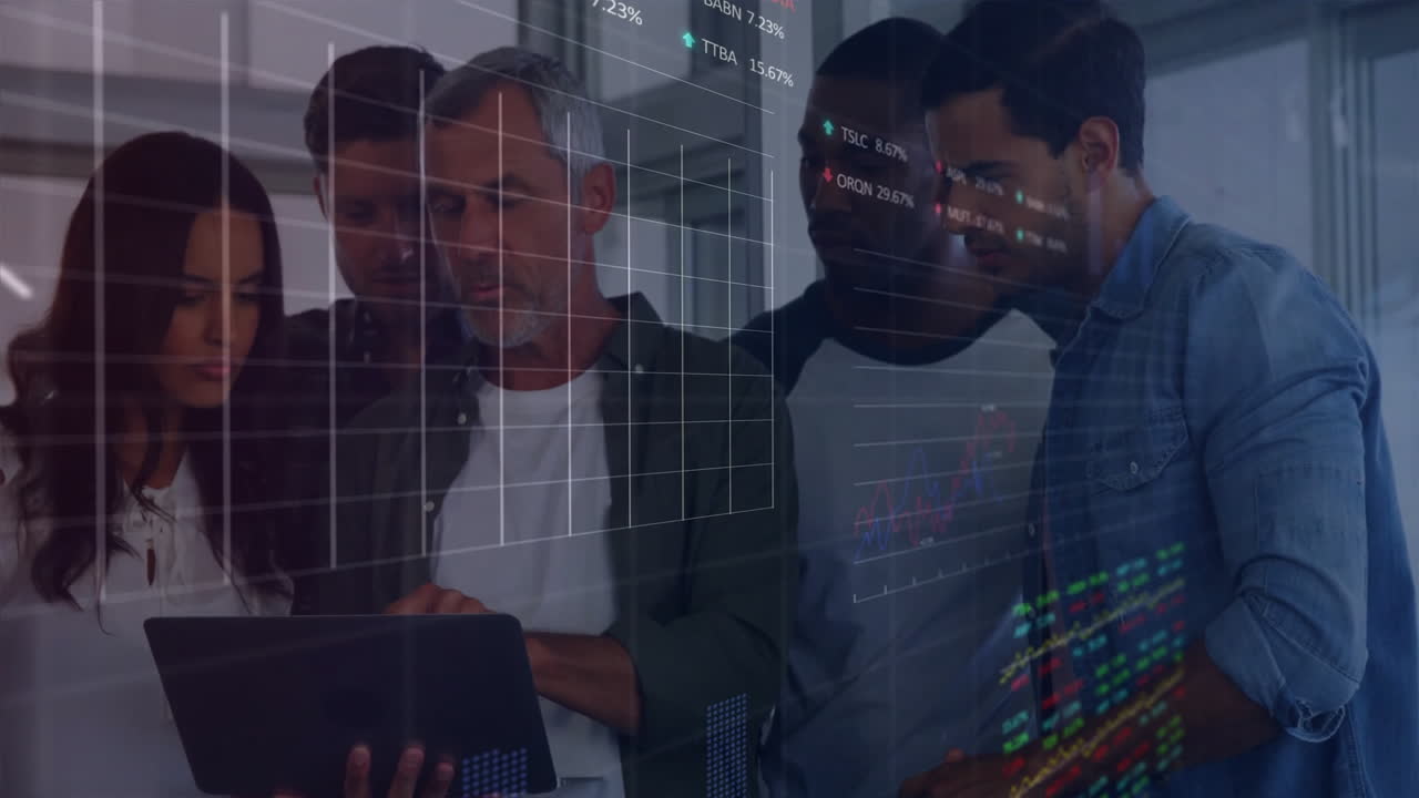 Analyzing financial data with animation, diverse group reviewing graphs in meeting