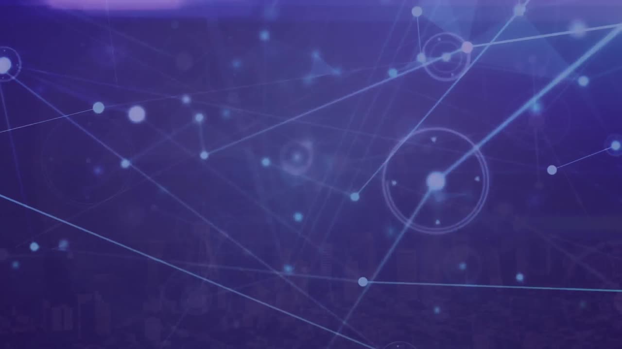 animación de la red de conexiones y senderos de luz azul contra la vista aérea del paisaje urbano