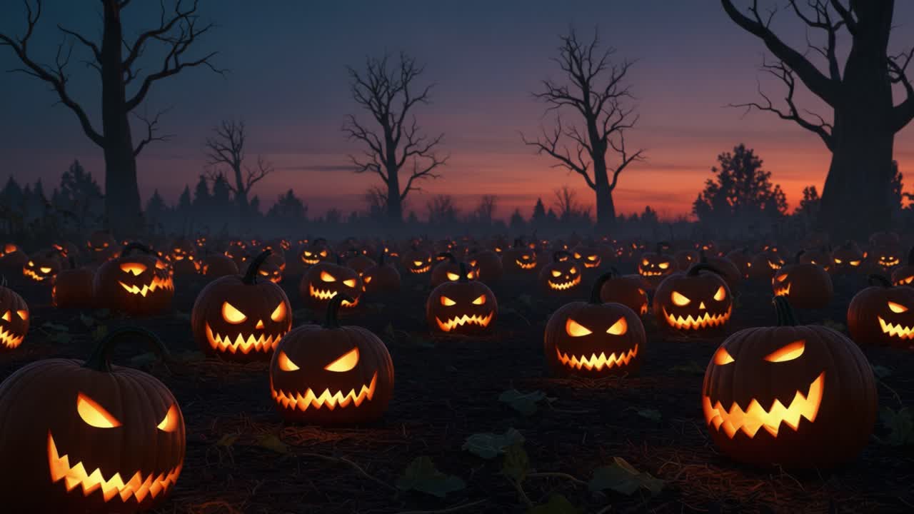 Spooky Halloween Landscape Featuring an Abundance of Grinning Jack-o'-Lanterns Illuminating the Darkening Forest at Dusk with Eerie Trees Silhouetted Against the Glowing Sky