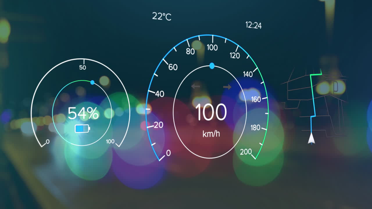 도시를 가로지르는 전기 자동차 속도계 데이터 처리 애니메이션