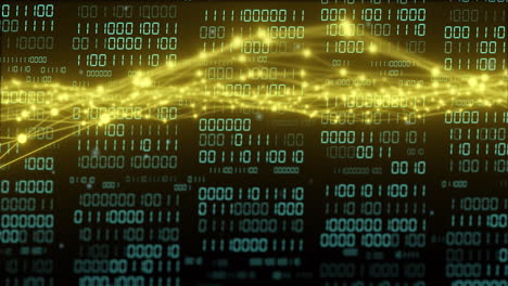 código binario y animación de procesamiento de datos con onda brillante
