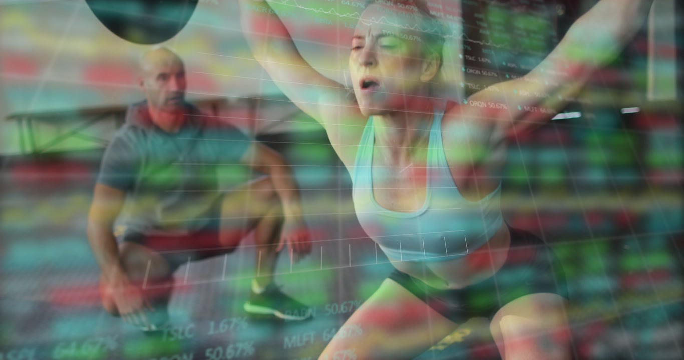 Lifting woman in sports bra and black shorts pressing Olympic barbell overhead at gym, data overlay