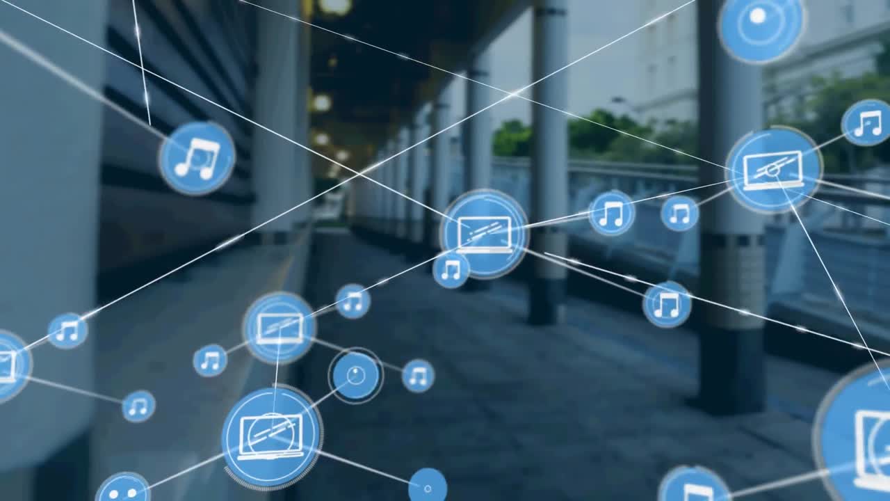 Network of digital icons against office corridor in background