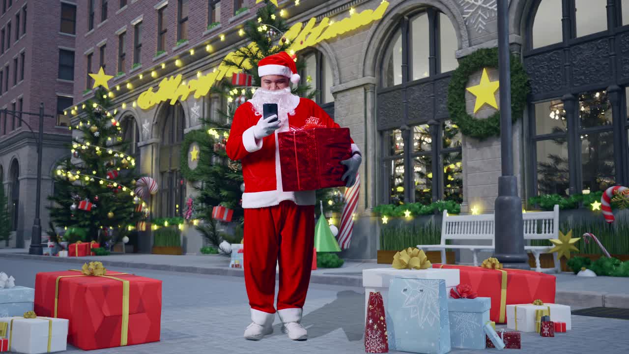 크리스마스 밤에 선물 상자를 들고 스마트폰을 사용하는 아시아 산타클로스의 몸이 가득 차 있습니다.