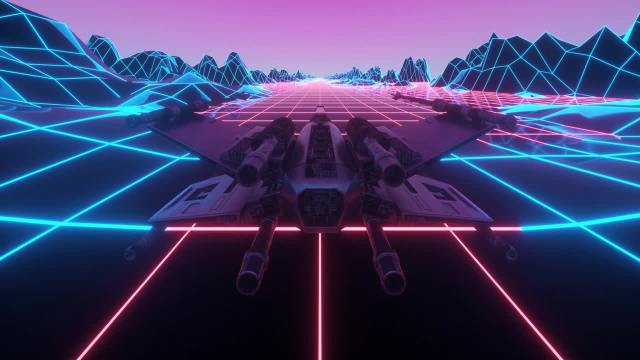 nave espacial futurista volando por el espacio. animación en bucle sin costuras de nave espacial retro futurista de estilo de los años 80. fondo de máquina de arcade de videojuegos retro