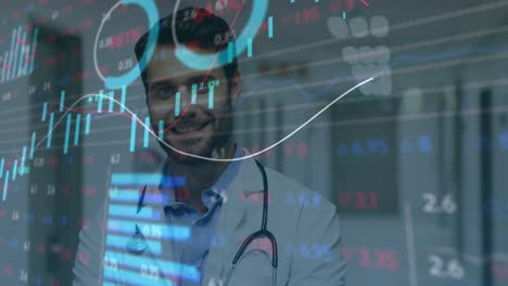 animación de datos financieros sobre un médico caucásico feliz