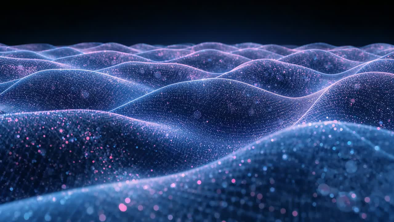 Flowing luminous grid mesh undulating rim-lit as camera advancing in dark void, scattering spark