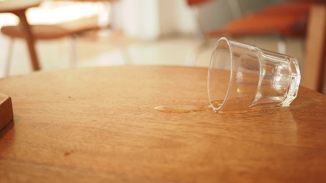 나무 테이블에 흘린 음료